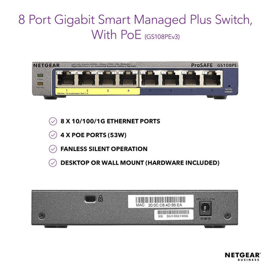 NETGEAR GS108PE 8-Port Gigabit Ethernet Plus Network Hub with 4 Ports PoE