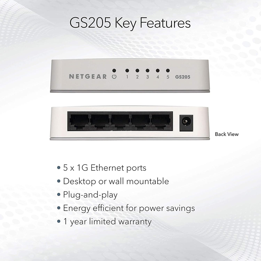 NETGEAR GS205 5-Port Gigabit Ethernet Network Hub for Home and Office