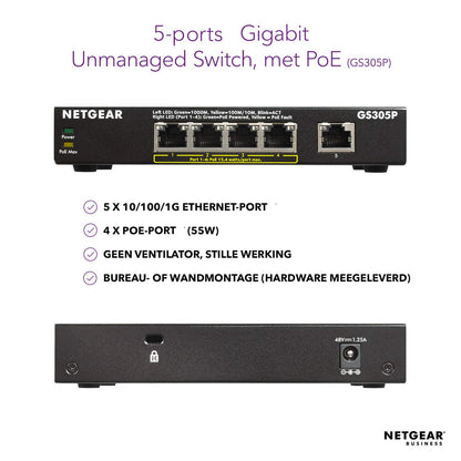 NETGEAR GS305P 5-Port Gigabit Ethernet SOHO Unmanaged Network Hub with 4-Ports PoE