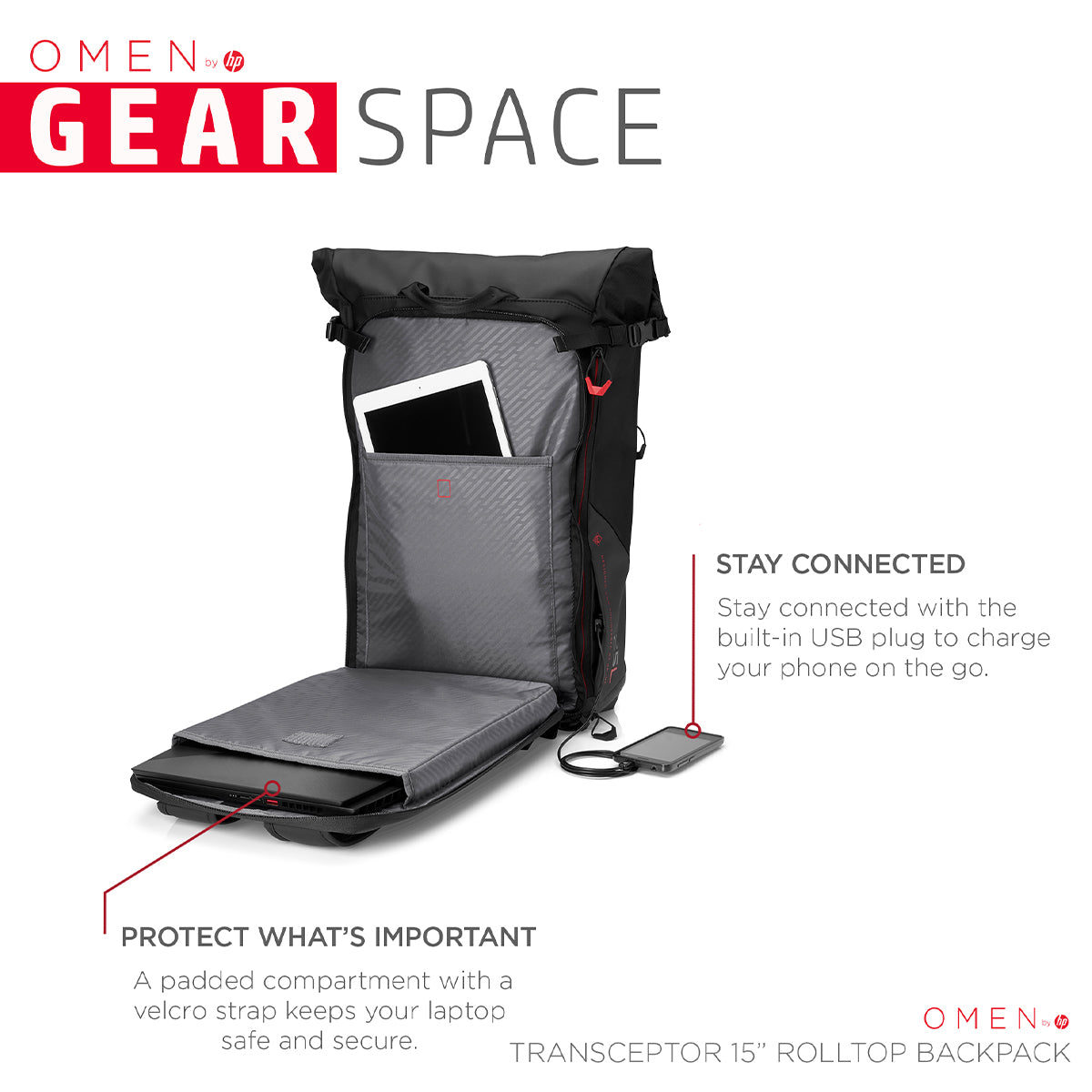 OMEN Transceptor Rolltop Backpack for 15.6 Inch Laptops with RFID Pocket and Built-in USB Plug