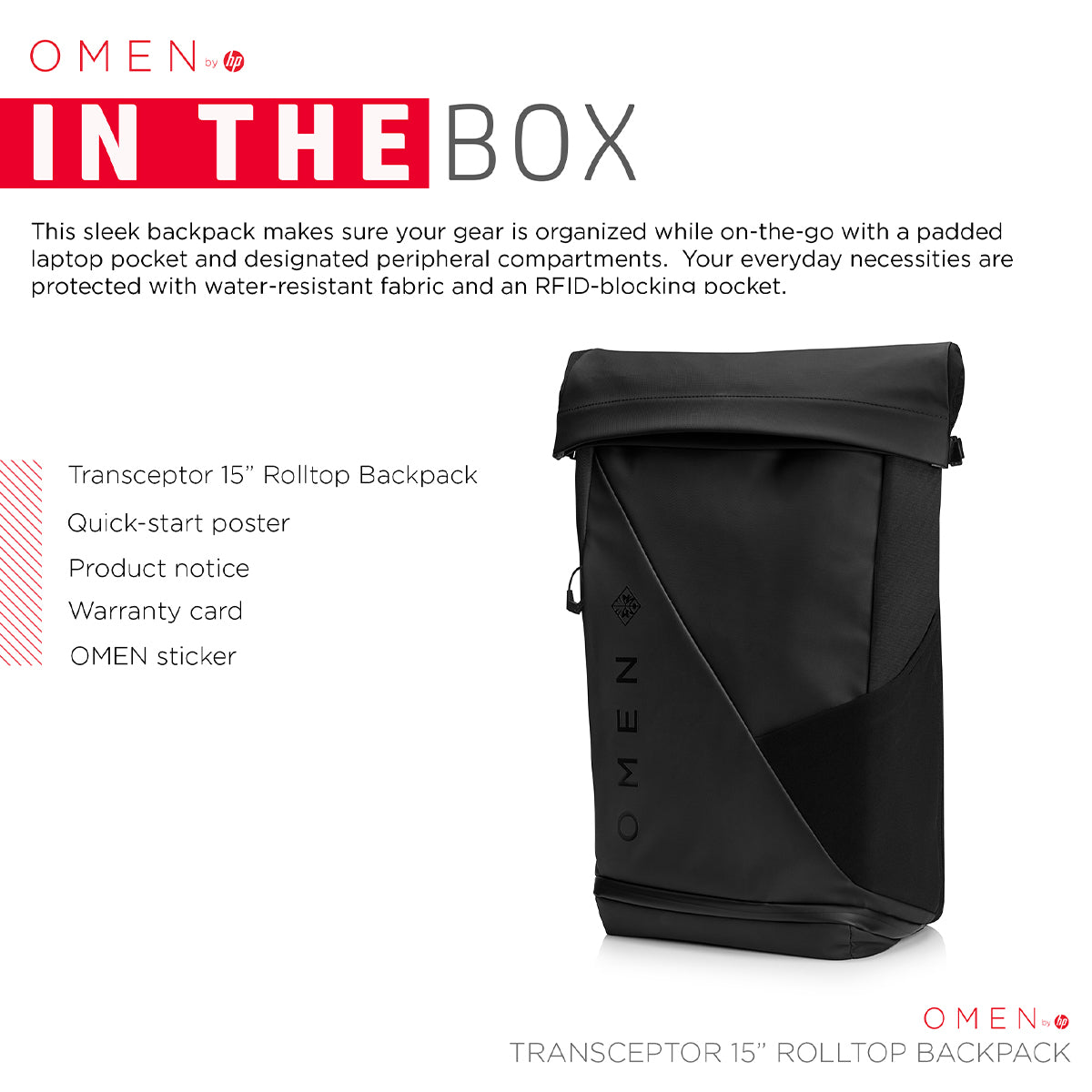 OMEN Transceptor Rolltop Backpack for 15.6 Inch Laptops with RFID Pocket and Built-in USB Plug