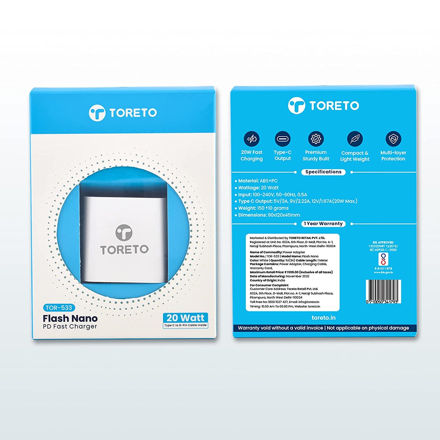 Toreto Flash Nano 20W USB-C फास्ट चार्जिंग अडैप्टर USB-C से लाइटनिंग केबल के साथ
