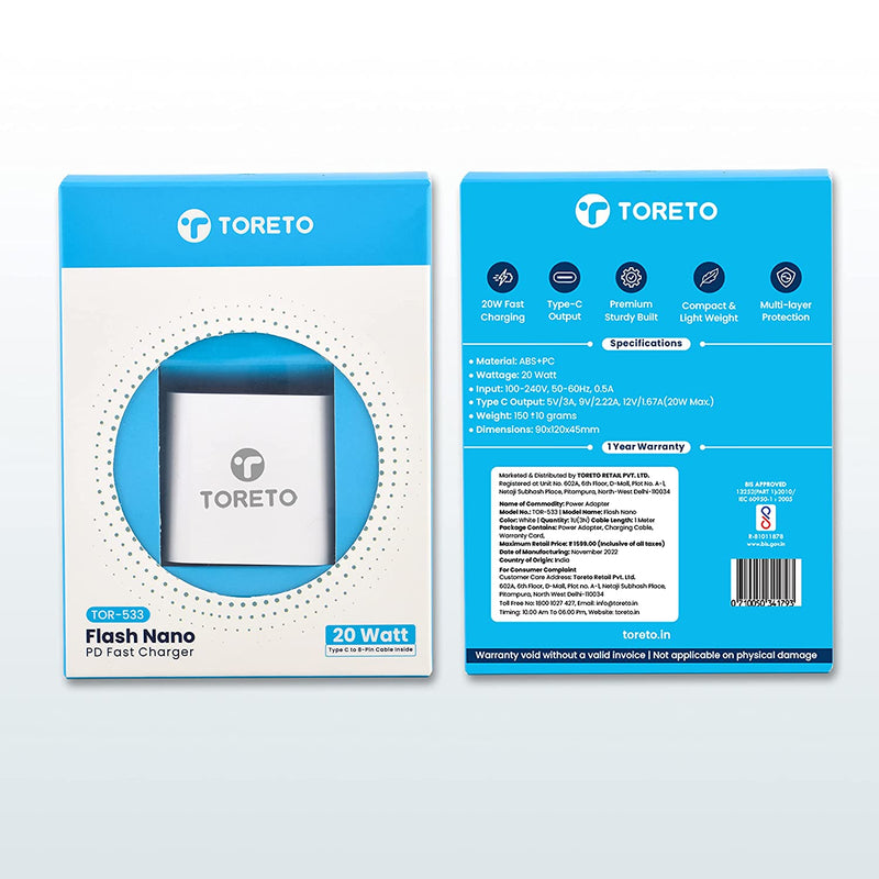 Toreto Flash Nano 20W USB-C Fast Charging Adapter with USB-C to Lightning Cable