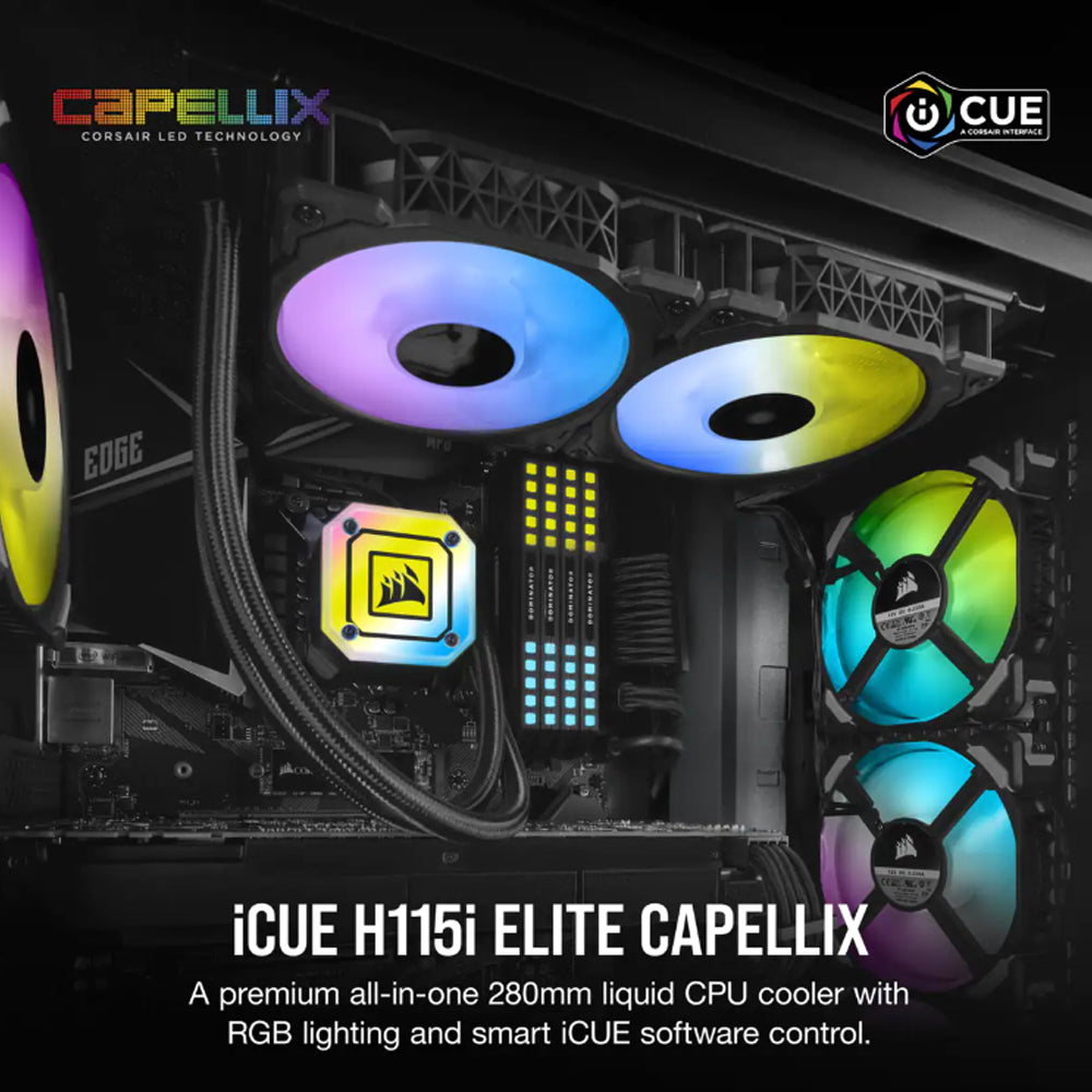 CORSAIR iCUE H115i ELITE CAPELLIX 280mm RGB AIO CPU Black Liquid Cooler