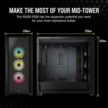 CORSAIR iCUE 5000X RGB Black ATX Mid-Tower Cabinet with three 120mm RGB fans