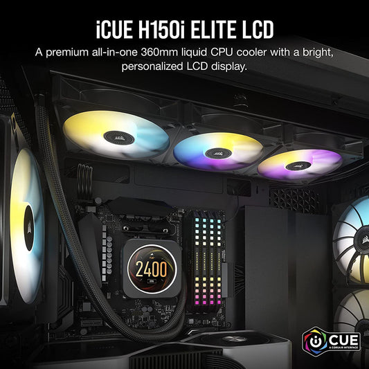 CORSAIR iCUE H150i ELITE LCD Display 360mm RGB AIO CPU Black Liquid Cooler with 2.1-inch LCD Screen