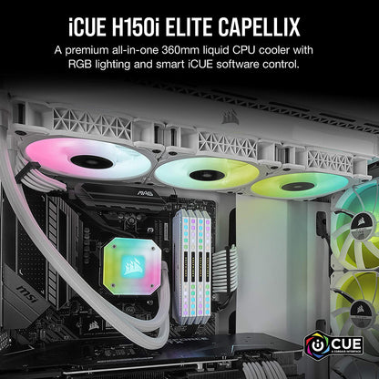 CORSAIR iCUE H150i इलीट कैपेलिक्स 360mm RGB AIO CPU लिक्विड कूलर PWM फैन्स के साथ - सफ़ेद