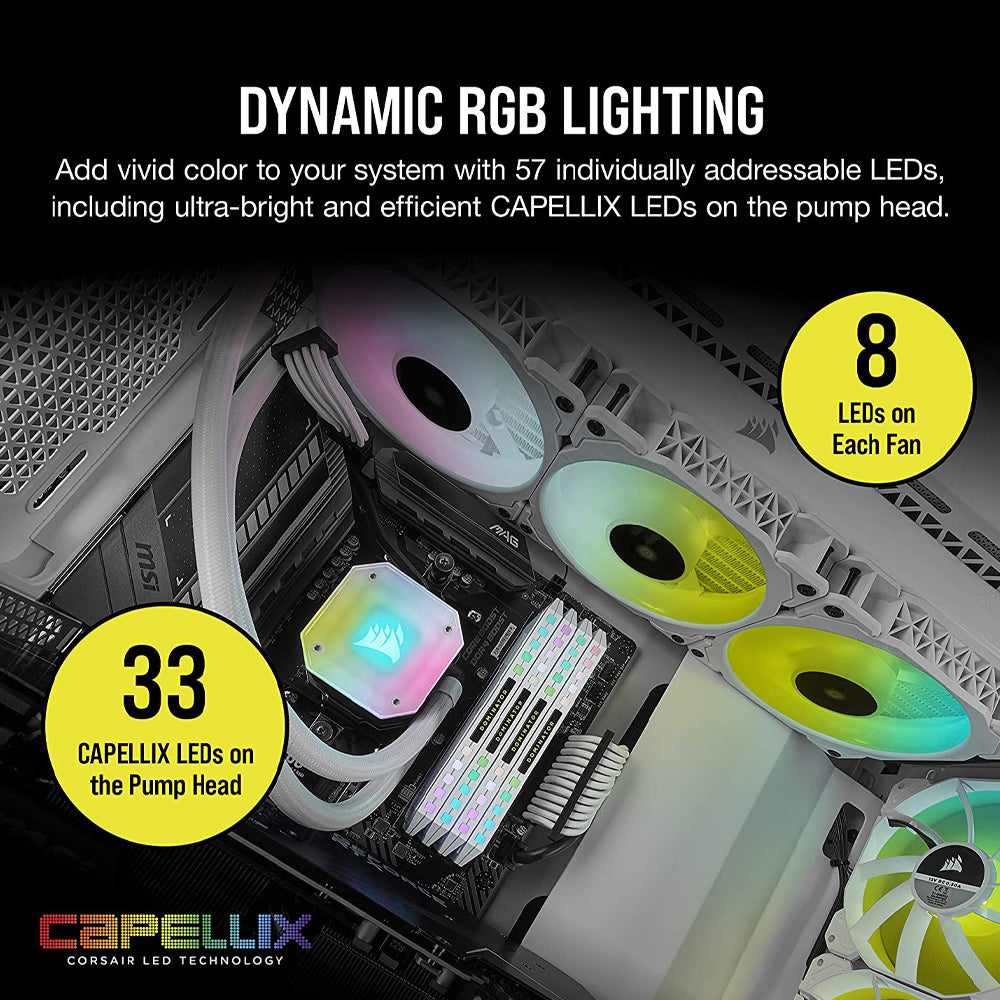 CORSAIR iCUE H150i ELITE CAPELLIX 360mm RGB AIO CPU Liquid Cooler with PWM Fans - White