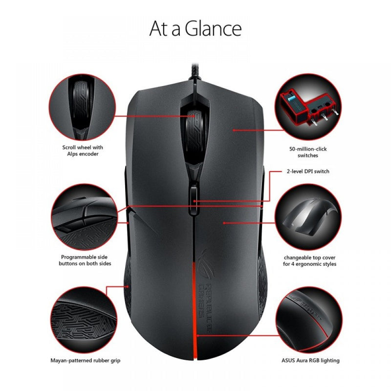 ASUS ROG Strix Evolve Optical Wired RGB Gaming Mouse with 7200 DPI and Changeble Cover